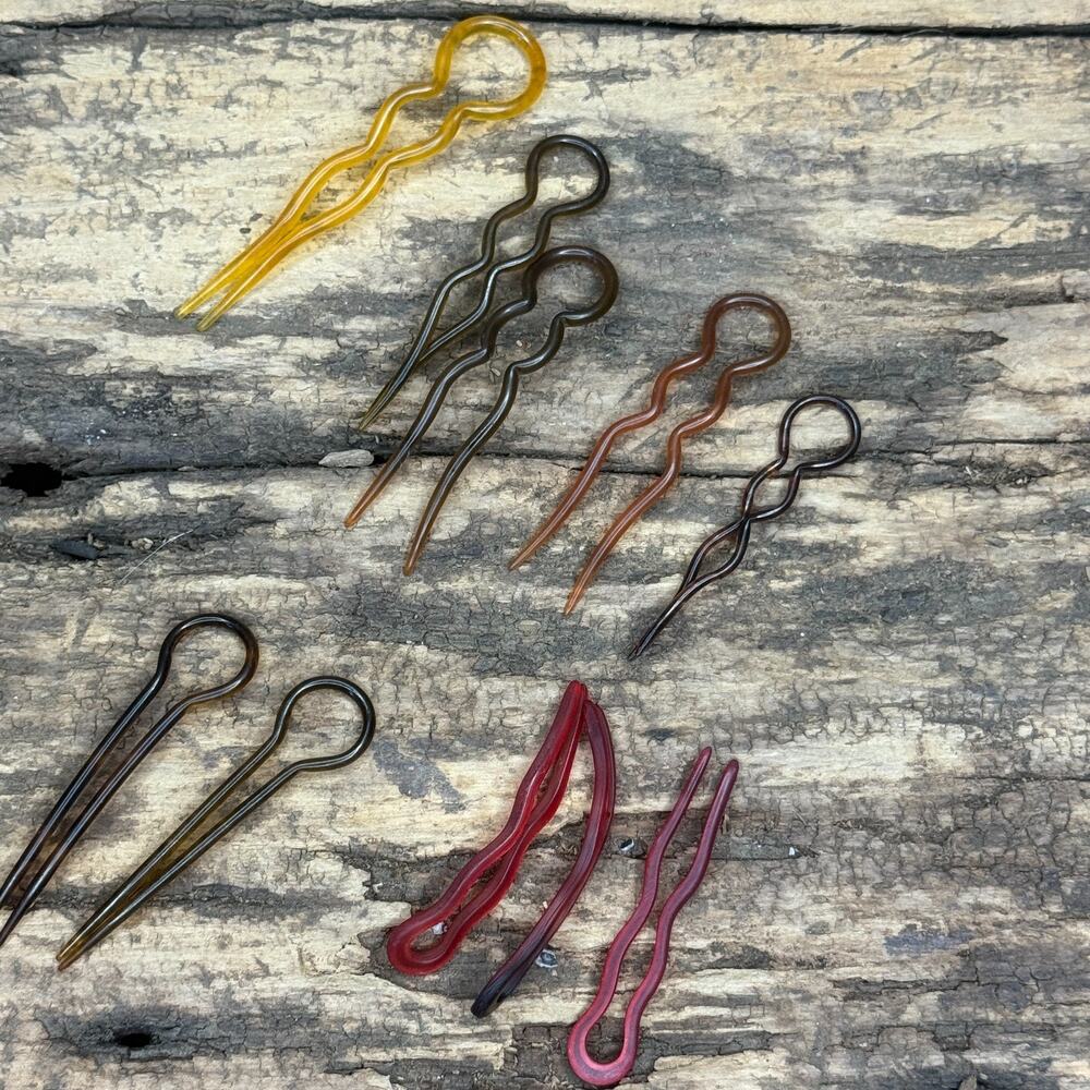 Vintage Celluloid Two-Prong Hair Pins Lot of 10 Amber Tortoise Red Art Deco